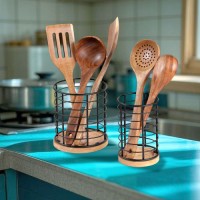 360°Rotating Utensil Holder for Kitchen Counter-Metal & Wooden Large Cooking Utensil Holder with Drainage Hole