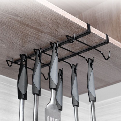 2pcs no drill iron black spray painted multi-hooks under cabinet for kitchen utensil, cups storage rack for coffee bar