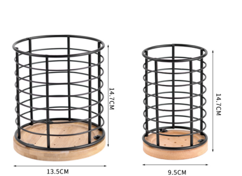 360°Rotating Utensil Holder for Kitchen Counter-Metal & Wooden Large Cooking Utensil Holder with Drainage Hole